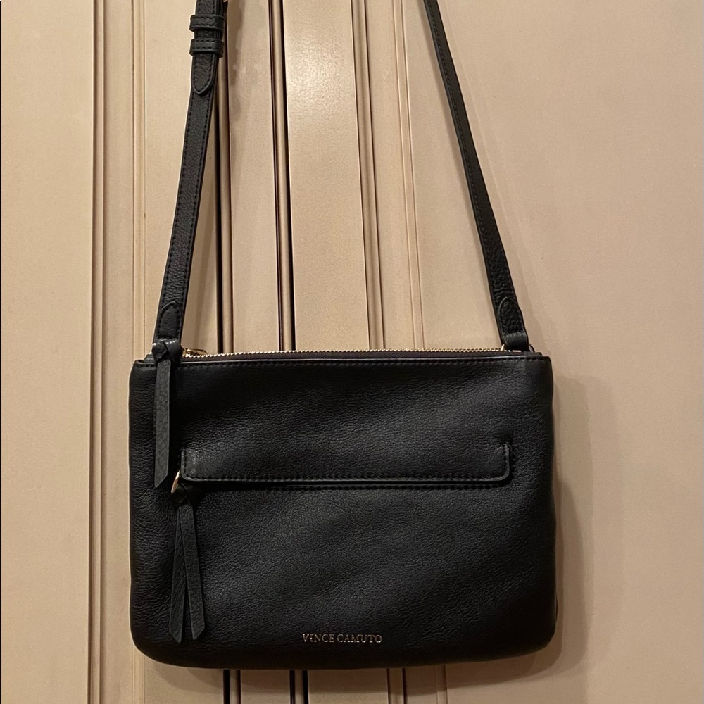 Vince Camuto black leather crossbody with gold trim